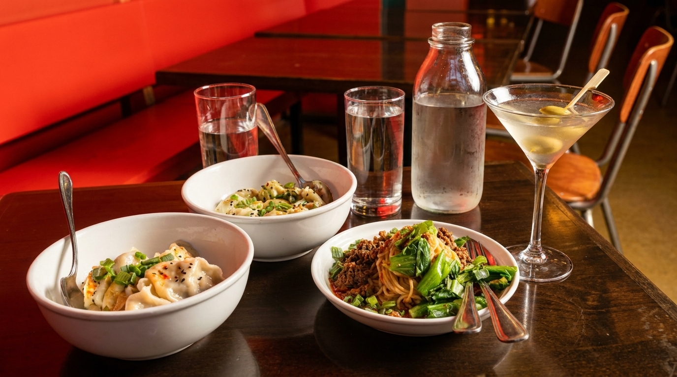 A table of Blue Willow dumplings, noodles, and a cocktail